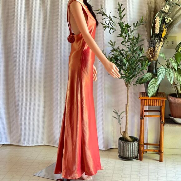 Vintage 90s Let’s Fashion Iridescent Orange Rosette Gown Open Back Dress Size L - Picture 4 of 15